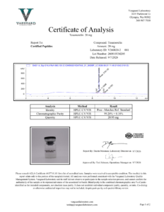 Tesamorelin 20mg Certificate of analysis — tested Sep 7, 2026