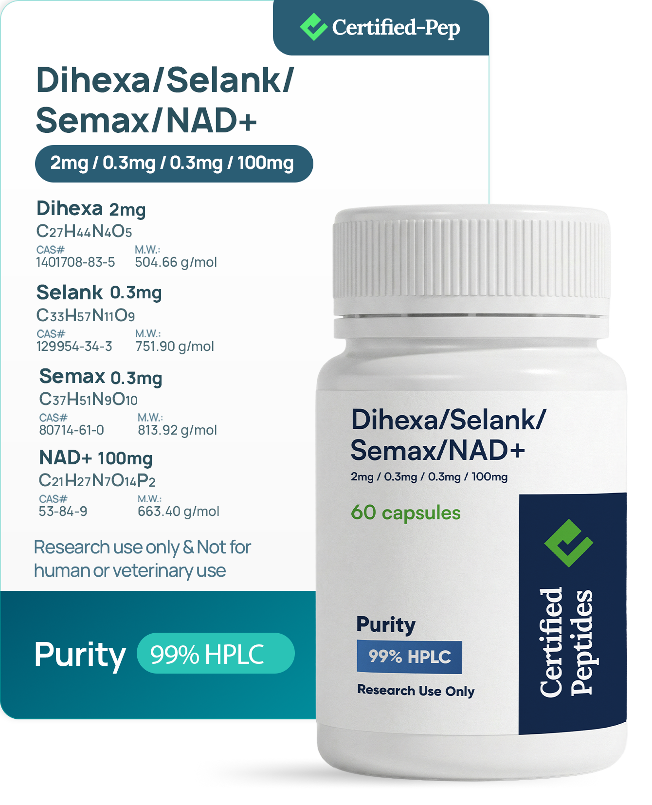 Dihexa + Selank + Semax + NAD+ 60 Capsules 